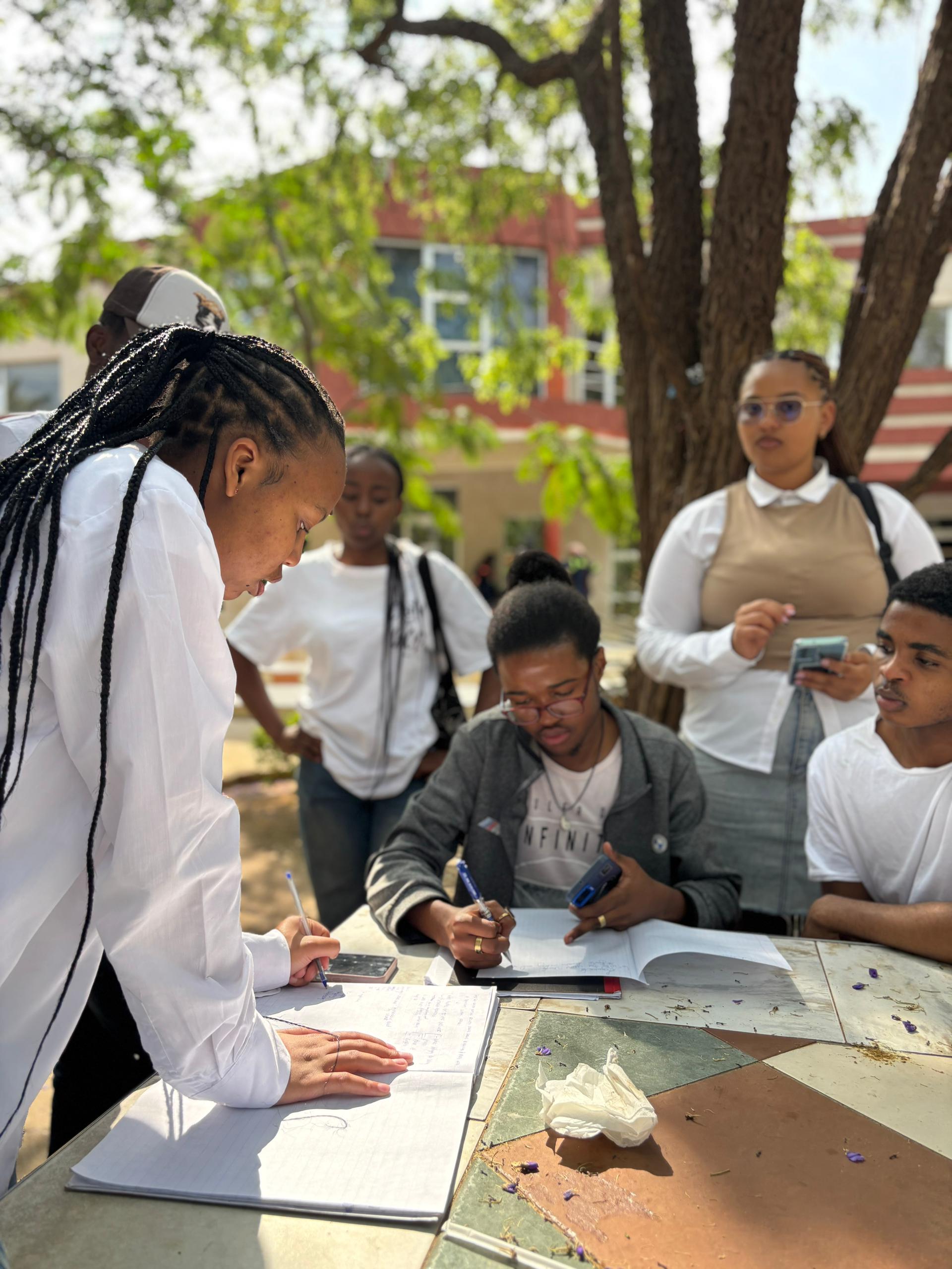 Our team working together on the group project